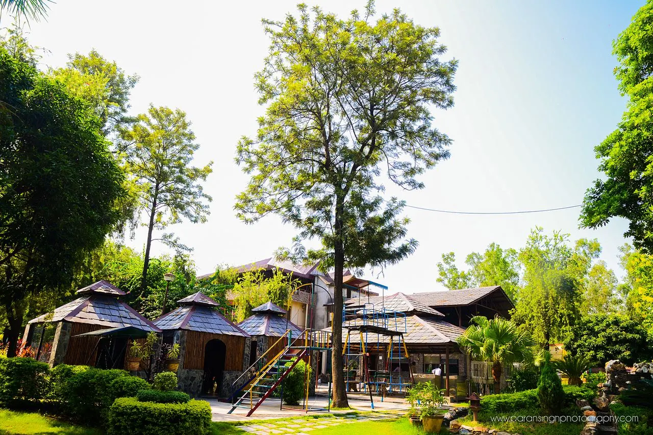 Stone cottages surrounded by gardens and tall trees